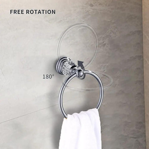 Crystal Bathroom Hardware Set With Retractable Towel Bar Chrome Finish showing wall-mounted rotating towel ring with towel