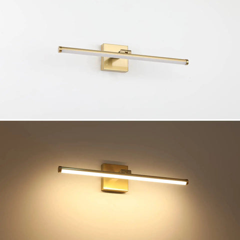 Modern LED Vanity Light Fixture For Bathroom With Rotatable 270 Degree Brass Aluminum Wall Mount Sconce, lit and unlit views