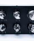 Beefy Single End 2 Flute End Mill Set, 6 Pieces, 3/8 Inch Shank, High Speed Steel, Center Cutting, With Plastic Stand, Includes Milling Diameters Of 1/8, 3/16, 1/4, 5/16, 3/8, 1/2 Inch