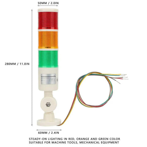 LED Warning Light Tower With Buzzer For CNC Machines And Tooling, Red Orange Green Indicator Alarm Stack, Clear wiring, dimensions shown