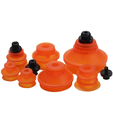 Dope VB Series Polyurethane Vacuum Suction Cups in orange, various sizes, designed for industrial pneumatic manipulators.