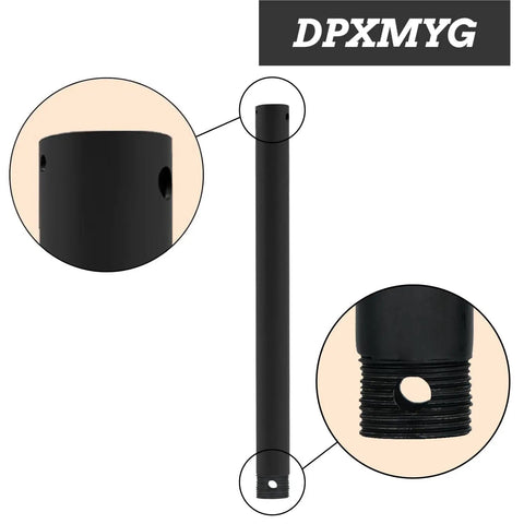 Built Tough 12 Inch Threaded Ceiling Fan Downrod In Matte Black One Inch Outer Diameter showing threaded ends for easy installation.