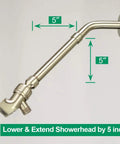 6.5 Inch Shower Arm Extender in Brushed Nickel, Solid Stainless Steel showing adjustable reach with measurements for lowering or extending shower arm