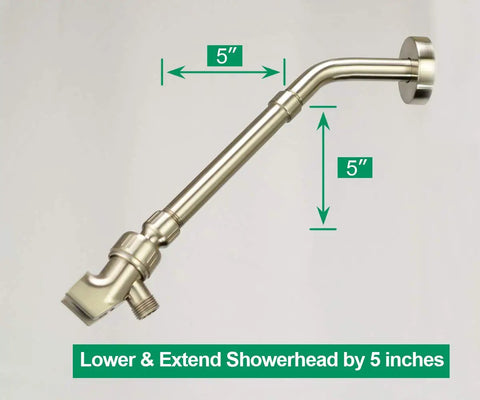 6.5 Inch Shower Arm Extender in Brushed Nickel, Solid Stainless Steel showing adjustable reach with measurements for lowering or extending shower arm