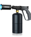 Powerful Propane Cooking Torch Gun For Sous Vide, Charcoal Starter And Steak Searing, Ideal For Outdoor BBQ, Camping, Grilling, And Charcoal Prep With Adjustable Flame, Gray And Black Culinary Torch shown from side with blue flame