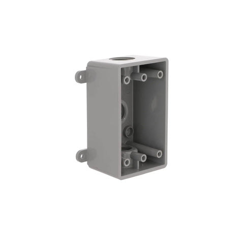 Weatherproof Single Gang Nonmetallic Electrical Outlet Box For Outdoor Receptacles With One Half Inch Or Three Quarter Inch Threaded Outlets