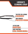 Tree Stand Linemans Climbing Strap Safety Accessory For Hunting, featuring steel carabiners and polyester webbing, ASTM certified