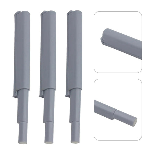 5 Pack Cabinet Door Dampers With Magnetic Touch Activation Soft Close No Slam Hinges, gray plastic rods, side and close-up view