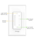 Smart Ceiling Fan Dimmer Switch With 4 Speed Fan Control And Light Dimmer Alexa And Google Assistant Compatible 2.4Ghz Only Single Pole UL Certified 3 Pack showing control buttons on white panel