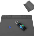 Top Shelf Anti Static Soldering Mat With ESD Safe Silicone Surface, No Nonsense Heat Resistant Repair Pad For Computer And Phone Tech Work, Fly And Secure Grey Setup For Main Hustle with tools.
