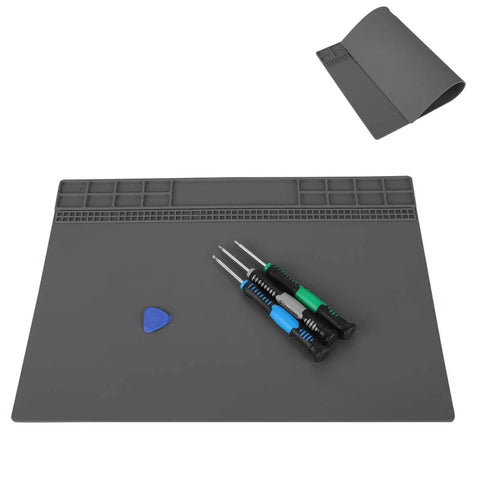Top Shelf Anti Static Soldering Mat With ESD Safe Silicone Surface, No Nonsense Heat Resistant Repair Pad For Computer And Phone Tech Work, Fly And Secure Grey Setup For Main Hustle with tools.