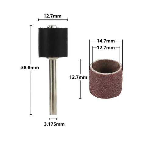 Kickass 12 Point 7 Millimeter Sanding Drum Kit Offering No Sweat Operation With Tight Grip Abrasive Bands In Eighty One Twenty One Eighty Grits showing sanding drum and sleeve dimensions.