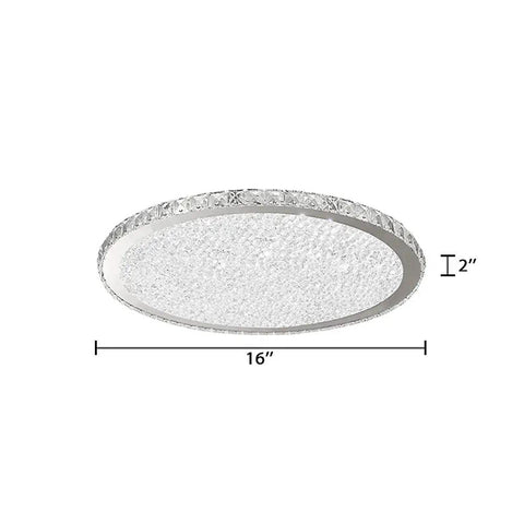 Crystal Round LED Flush Mount Ceiling Light White 16 Inch Modern Close to Ceiling Chandelier for Living Room Bedroom Dining Room and Restaurants Ultra Bright Energy Efficient, side view with dimensions 16x2 inches.