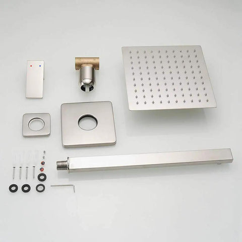 Brushed Nickel Shower System With 8 Inch Square Rain Shower Head, 14 Inch Extra Long Shower Arm, Rough-In Valve And Brass Trim Kit, All Metal Durable Shower Faucet Set For Bathroom Renovation