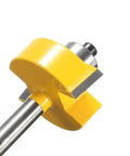 Close-up of Badass Carbide Rabbet Router Bit Set Sweet Precision CNC Woodworking Tool with yellow coating and steel shank.