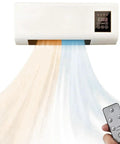 Wall Mounted Heater And Air Conditioner Featuring Remote Control showing warm and cool air flow with remote in hand.