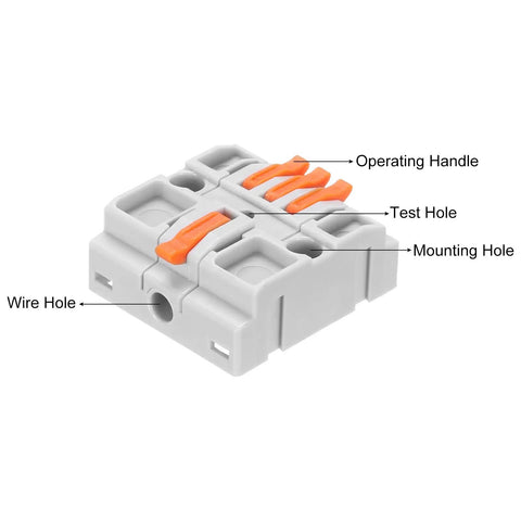 Heavy Duty DIN Rail Press Quick Terminal Blocks 1 In 3 Out 28-12AWG Snap On Wire Connectors side view showing wire, test, and mounting holes.