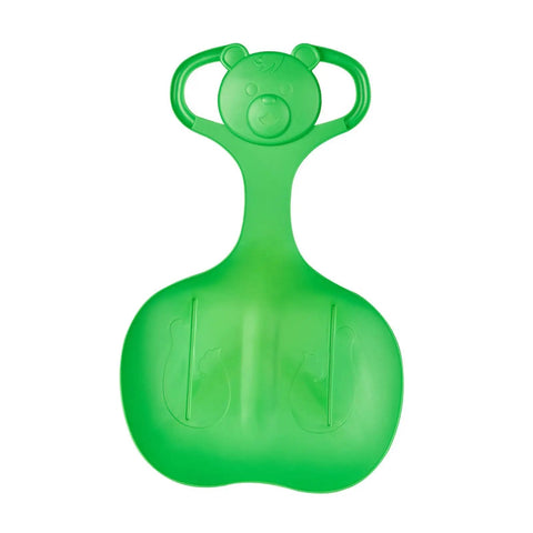 Green downhill snow sled with bear-shaped handle, lightweight PP luge toboggan for kids and adults, features sanded seat and easy grip.