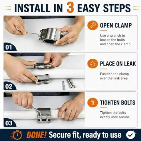 Install Rock Solid Heavy Duty Three Inch Pipe Repair Clamp And 304 Stainless Steel Leak Sealer For Burst Water Pipes in three easy steps.