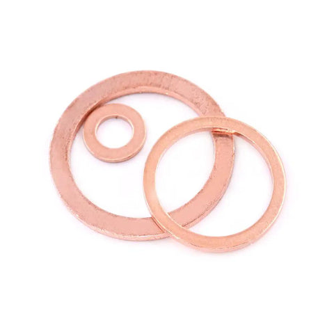 Copper Washer Set 300 Piece Flat Ring Assortment Kit with various size copper washers displayed in a circular arrangement