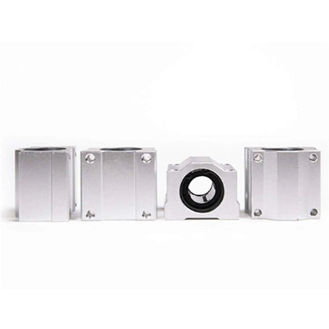 Five Pack Pro Grade SCS16UU Linear Motion Bearing Slides For CNC Parts And 3D Printer Parts, Model SCS16UU, Drop In Guide Rails, High Precision Bearings For Smooth, Quiet, Reliable Motion In Projects. Five aluminum SCS16UU linear bearing blocks, front view