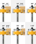 Rabbet Router Bit Set With 1/4 Inch Shank And 6 Bearings, showing interchangeable depths from 1/8 to 1/2 inch for precise cuts.