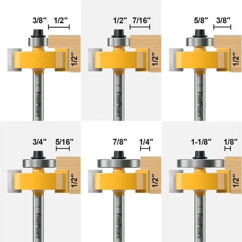 Rabbet Router Bit Set With 1/4 Inch Shank And 6 Bearings, showing interchangeable depths from 1/8 to 1/2 inch for precise cuts.