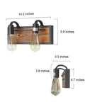 Farmhouse Vanity Sconce Lighting Fixture With Rustic Wall Lamp For Bathroom, Black Matte Steel And Solid Wood Blend, dimensions shown
