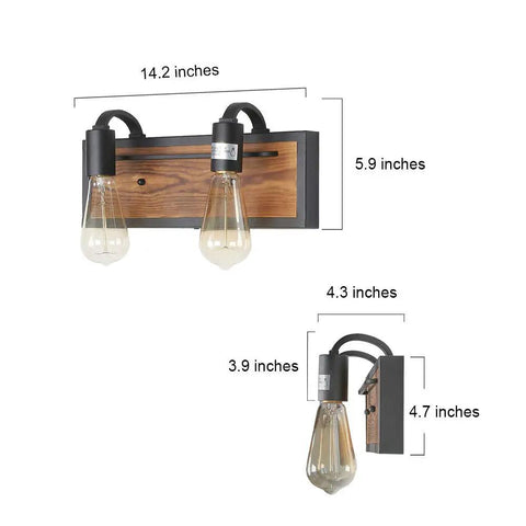 Farmhouse Vanity Sconce Lighting Fixture With Rustic Wall Lamp For Bathroom, Black Matte Steel And Solid Wood Blend, dimensions shown