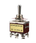 Heavy Duty 12Mm Panel Mount Toggle Switch With On Off On Circuit And Six Pin Connectors Rated At Fifteen Amps 250V Ac, SPDT design.