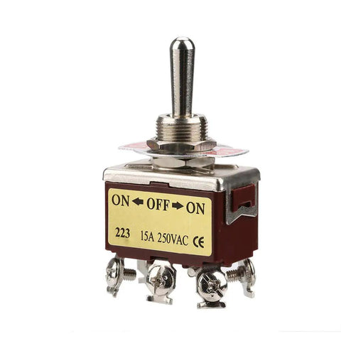 Heavy Duty 12Mm Panel Mount Toggle Switch With On Off On Circuit And Six Pin Connectors Rated At Fifteen Amps 250V Ac, SPDT design.