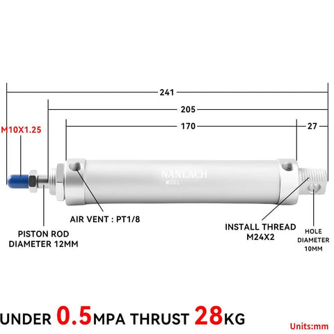 Diagram of Beefy Pneumatic Cylinder 32mm Bore 100mm Stroke Double Acting Air Cylinder With measurements and fittings PT1/8 Port