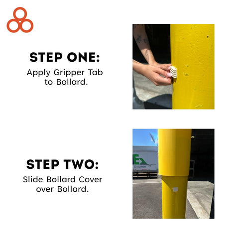 Elite Round Top Bollard Covers Two Pack Bright Yellow installation steps showing gripper tab application on a bollard.
