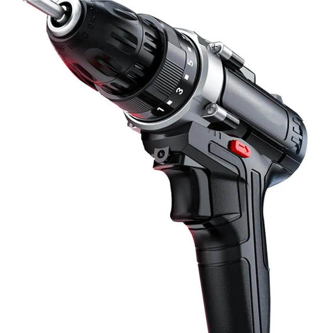Rugged Cordless Impact Drill And Electric Hand Screwdriver With Rechargeable Lithium Battery Two Speed Switch Twenty Five Torque Settings And Badass All Copper Motor For Serious Builds close-up of grip and chuck mechanism