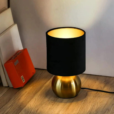 Small Bedside Lamp With Brass Base And Black Fabric Shade, Mini Table Lamp For Bedroom And Living Room, Book Accent