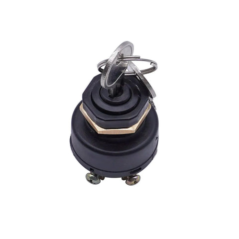 Black ignition switch with two metal keys on top, showing hex nut and mounting screws, isolated on white background.