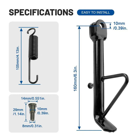 Sixteen Centimeter Universal Motorcycle Kickstand Foot Side Stand Support For ATV Dirt Bikes Off Road Vehicles Scooters And EBike Heavy Duty Iron Construction displayed with measurements