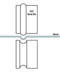 Diagram of 3/8 Inch Bead Die Set For 22 mm Bead Rollers showing die configuration and sheet metal indentation.