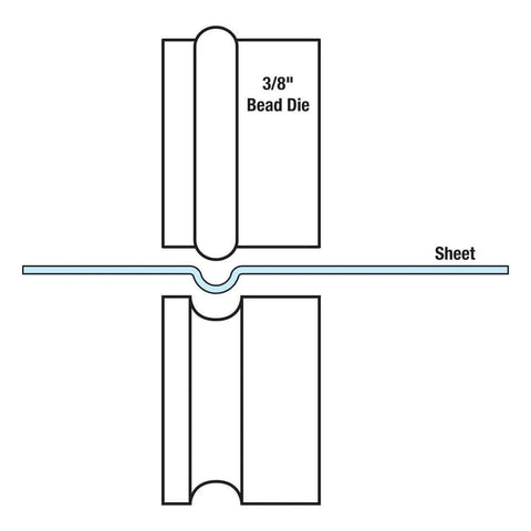Diagram of 3/8 Inch Bead Die Set For 22 mm Bead Rollers showing die configuration and sheet metal indentation.