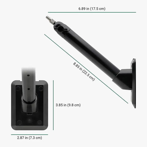 Universal Solar Panel Wall Mount For Ring Eufy Arlo Wyze Reolink And More With dimensions and adjustable arm detail.
