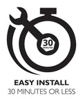 Easy install graphic showing stopwatch with wrench and '30 minutes or less' text for quick setup