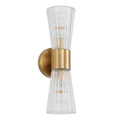 Mid Century Modern Crystal Glass Shade 2 Light Gold Brushed Brass Wall Sconces For Indoor Up Down Vanity Lights In Bathroom