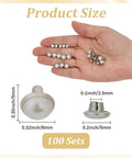 Hella Sturdy 100 Piece Brass Dome Studs Kit showing various sizes of studs in hand, featuring 0.35 inch and 0.32 inch measurements.