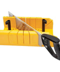 Front view of Saw Storage Miter Box With Saw Aluminum Construction All In One 11.81 Inch Length With 90 Degree 45 Degree And 22.5 Degree Slots Patented Storage System Built For Quick Setup And Accurate Cuts, showing yellow base and black handle saw.