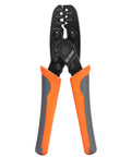 Front view of Open Barrel Terminal Crimp Tool Five Cavities For 24 To 14 AWG Non Insulated with orange handles.