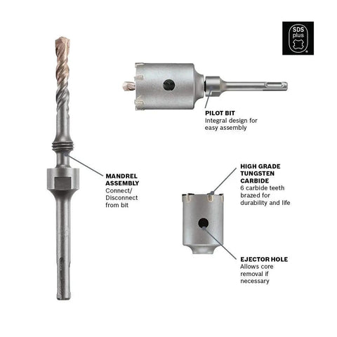 4-3/8 In Carbide SDS-Plus Speedcore Thin-Wall Core Bit Built Tough For Masonry Brick And Block Removal With Ejector Hole And Tungsten Teeth Long-Lasting Durability For Rotary Hammers, showing mandrel assembly and pilot bit design with tungsten carbide teeth and ejector hole.