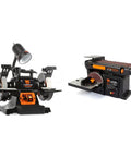 Badass Heavy Duty Workhorse Bench Grinder And Belt Sanders Combo With Variable Speed Motor and bright work lamp for tool sharpening.