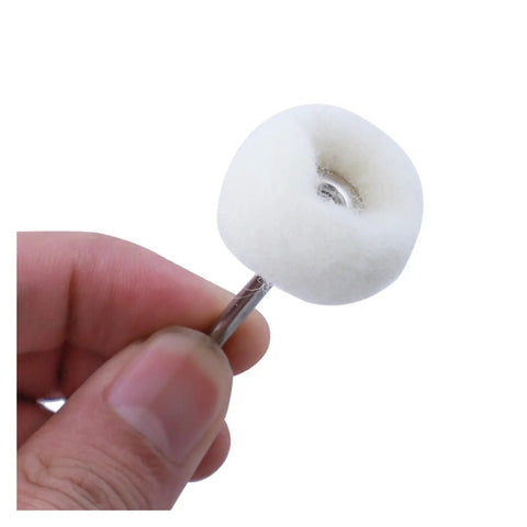 Premium Wool Felt Buffing Wheels With 3mm Shank For Rotary Tools, showing soft wool polishing head in hand.