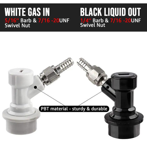Ball Lock Keg Quick Disconnect Set With 5/16 Barb And 1/4 Barb Fittings, 2 Pairs, Leak-Proof Corny Keg Fittings Kit For DIY Homebrewing, Rotating Nut Adapter, Easy Gas And Liquid Line Connections, white gas and black liquid disconnects, PBT