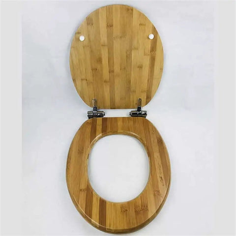 Real Wood Toilet Seat With Ultra Quiet Slow Close Hinges Universal Buffer Fit Thick Padded Cushion in natural wood finish.